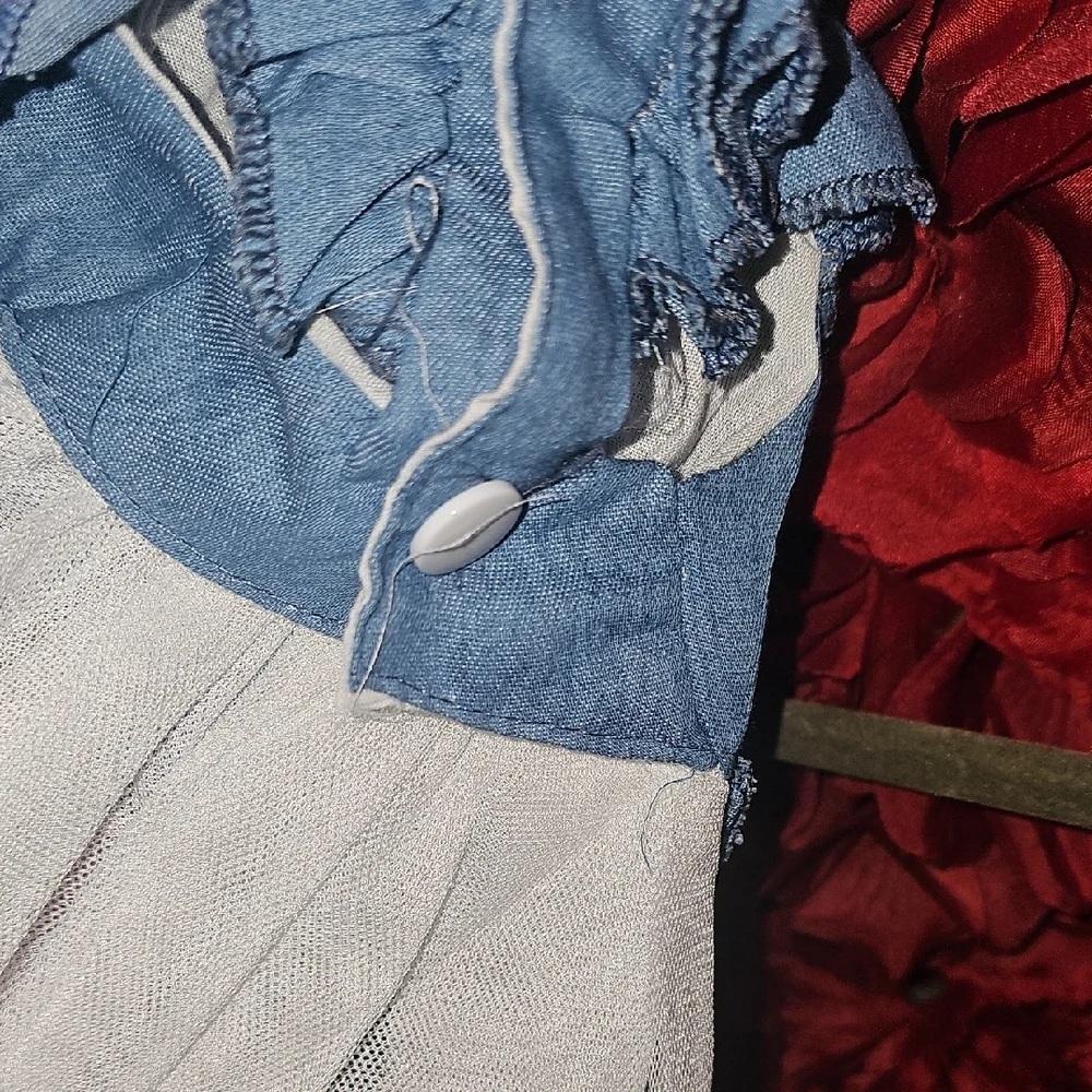 Stylish Blue and White Dog Jean Ruffle Dress Size Xsmall